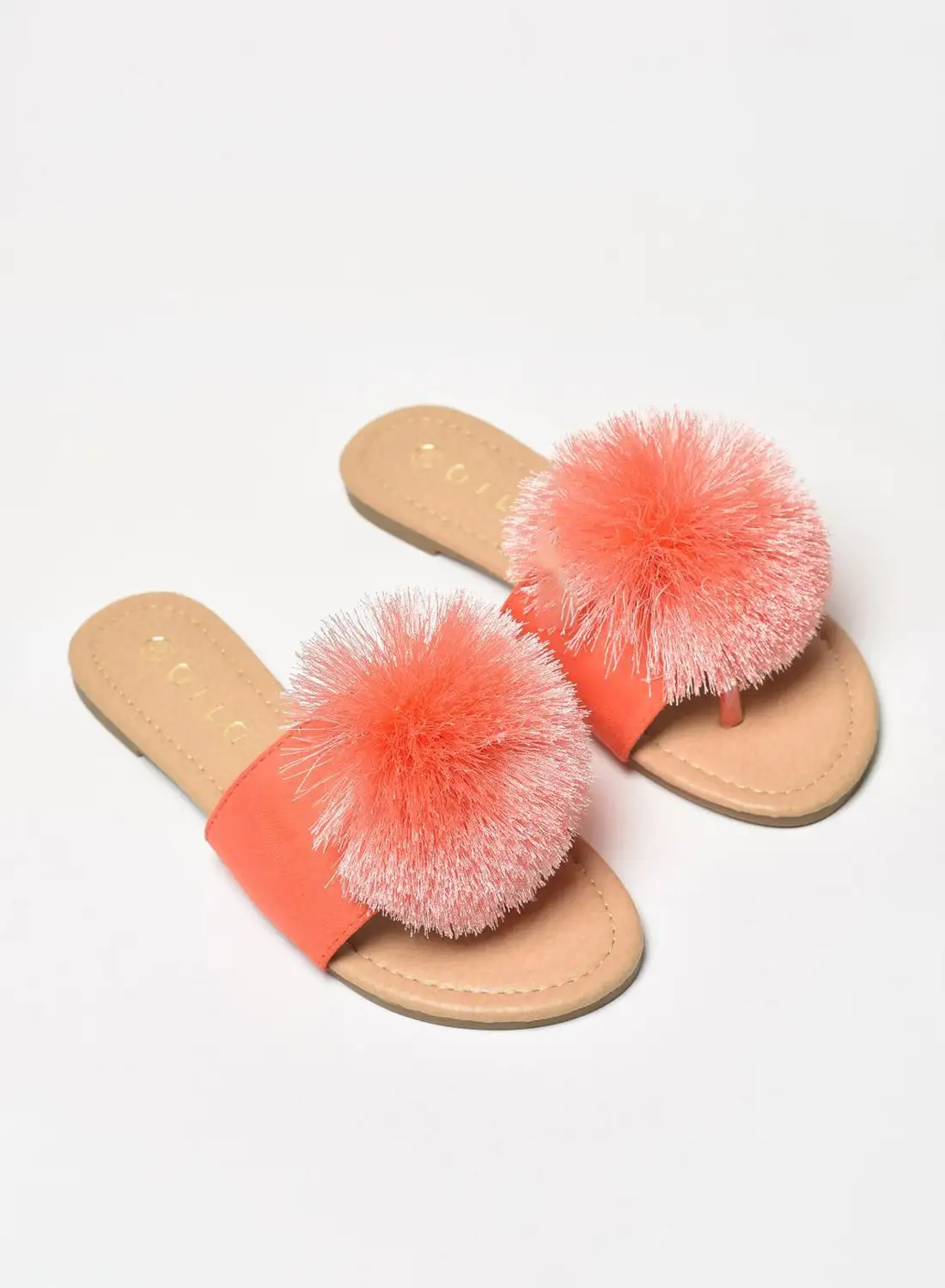 Aila Thread Pom-Pom Detail Strap Flat Sandals Coral