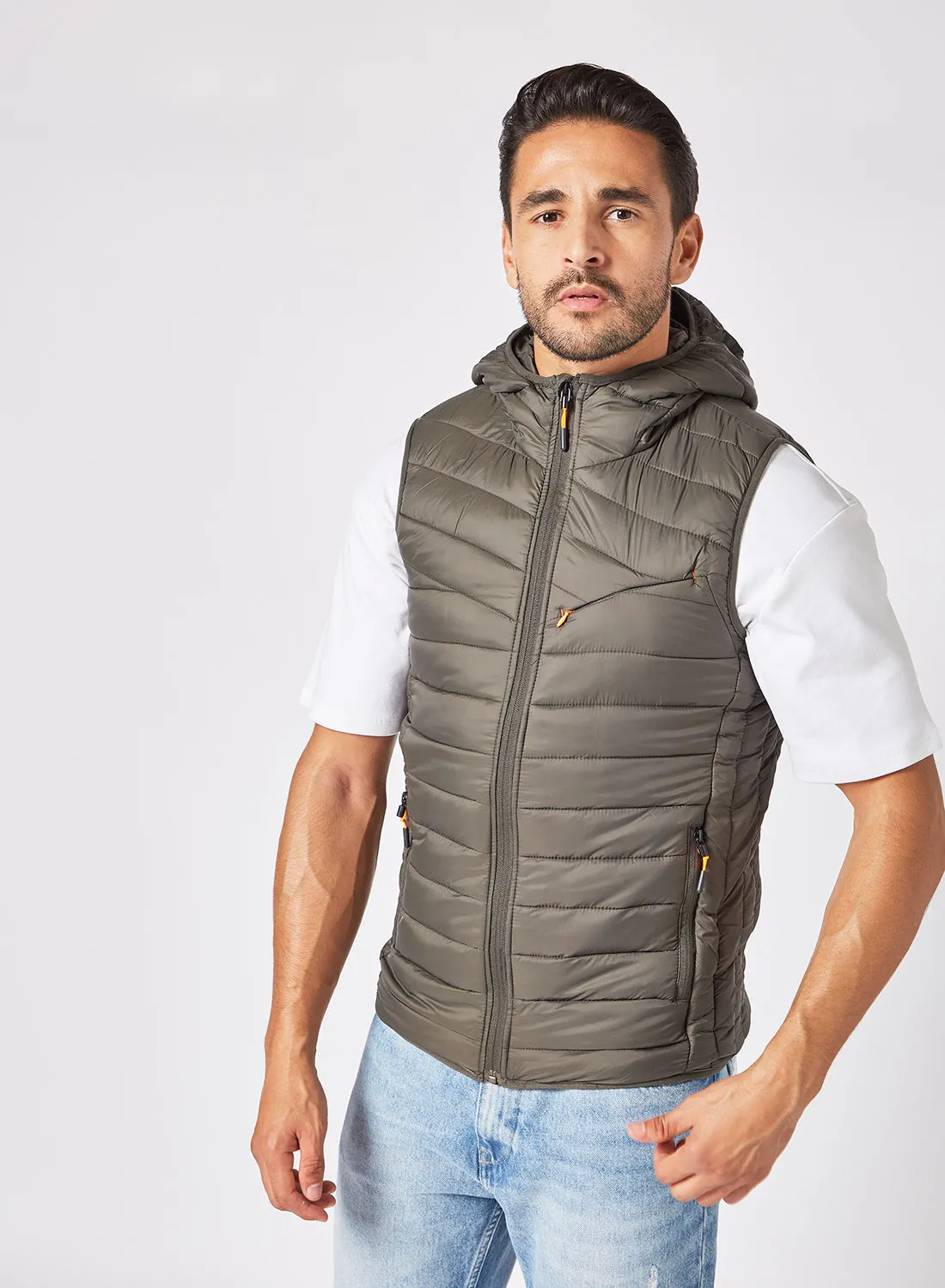 Athletiq Men's Casual Contrast Hooded And Side Pockets Detail Puffer Vest Jacket Dark Olive Green