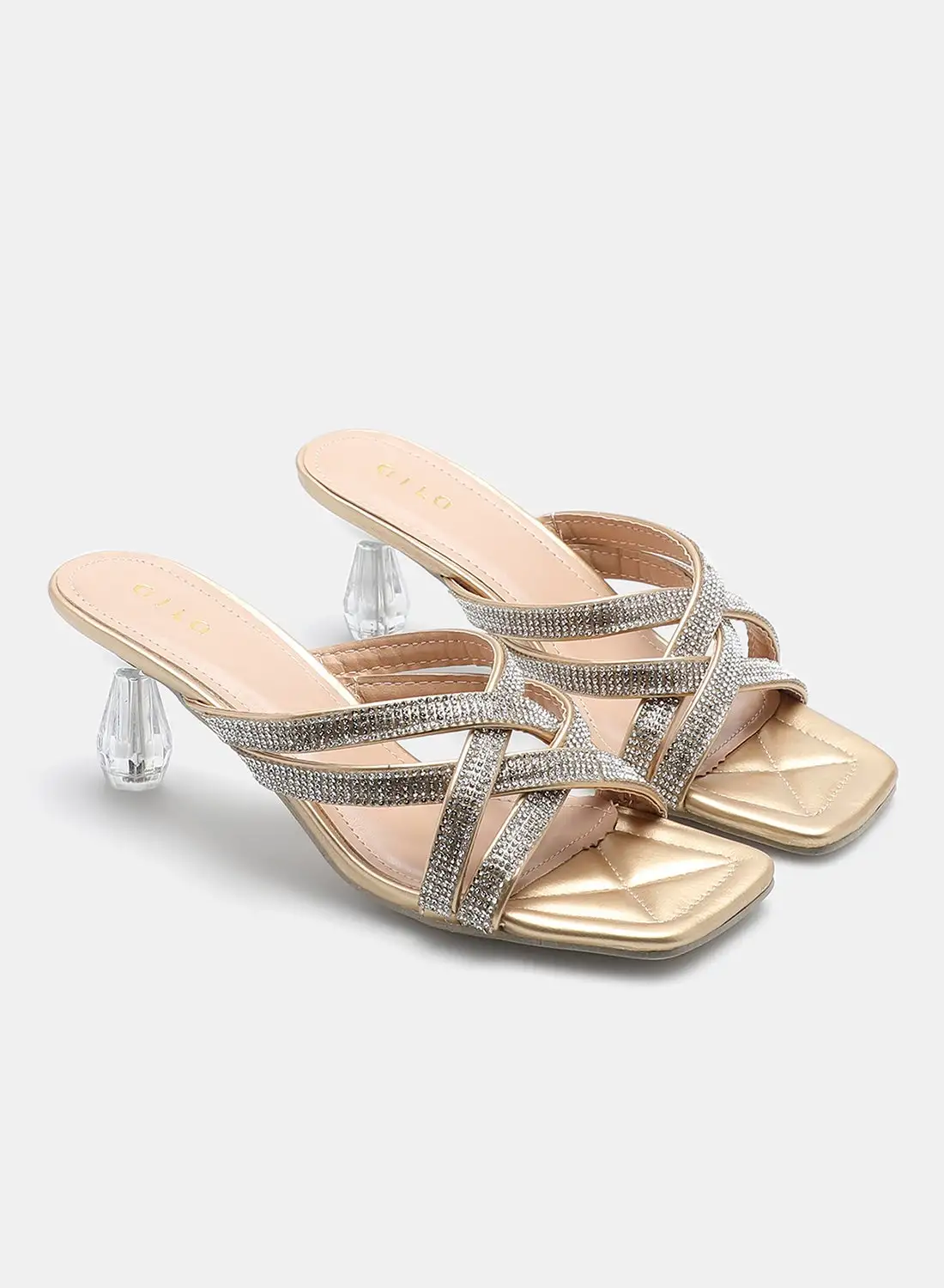 Aila Stone Embellished Strap Heeled Sandals Gold/Silver