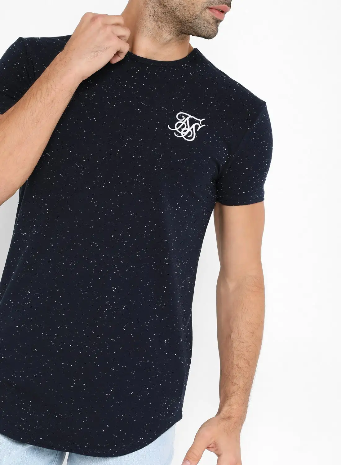 SikSilk Crew Neck Flecked Logo Embroidered T-Shirt Navy