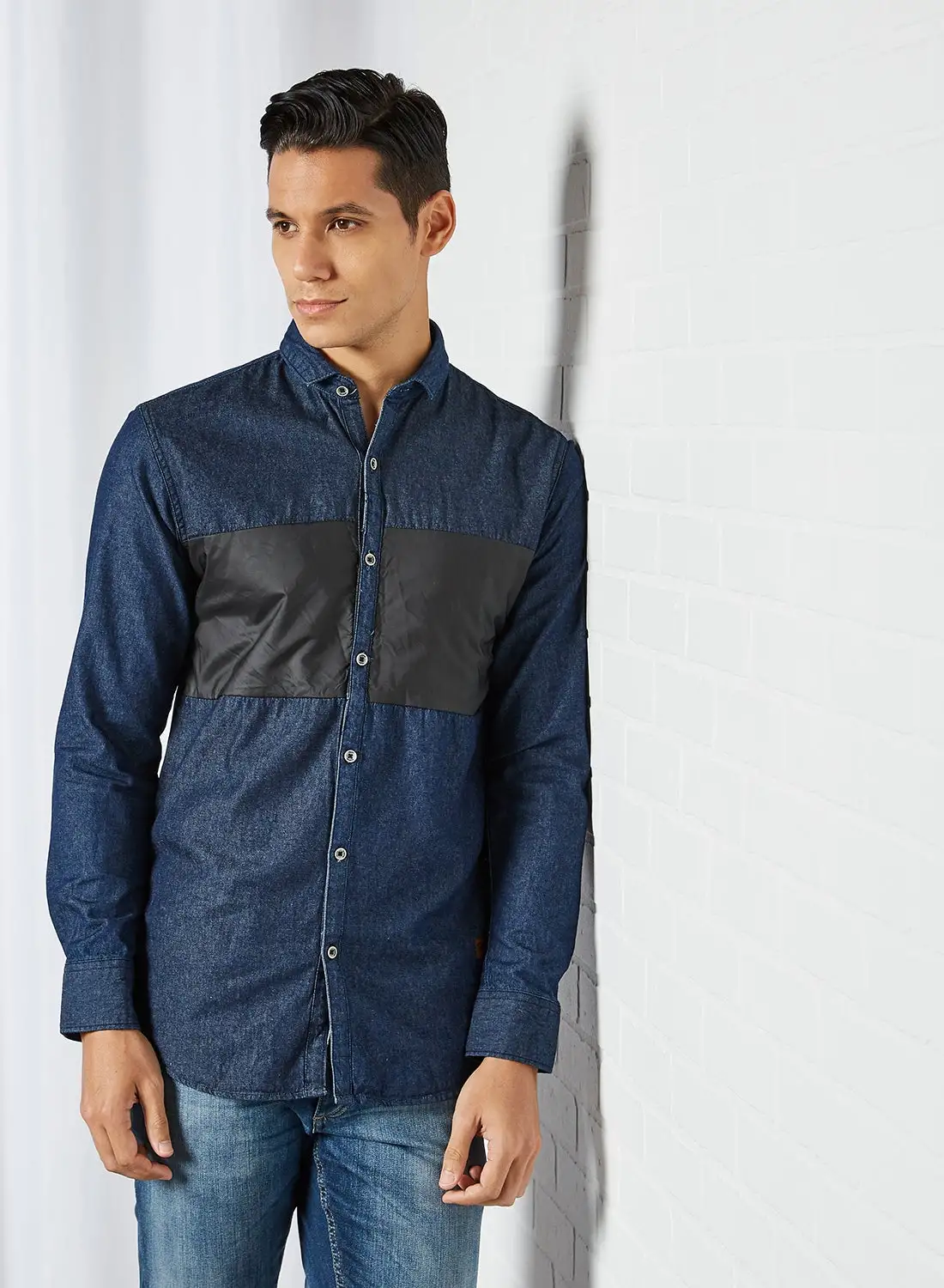 Campus Sutra Textured Patch Shirt Denim