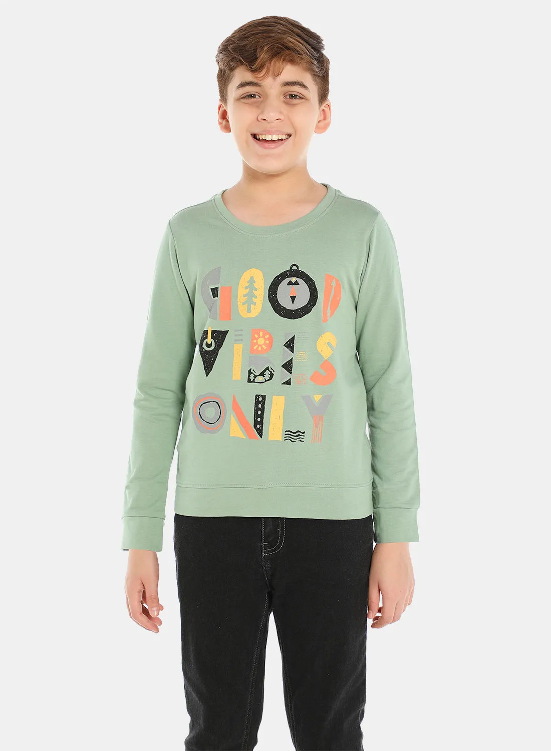 QUWA Trendy Boys Graphic Printed Long Sleeve Crew Neck Sweatshirt Green/Yellow