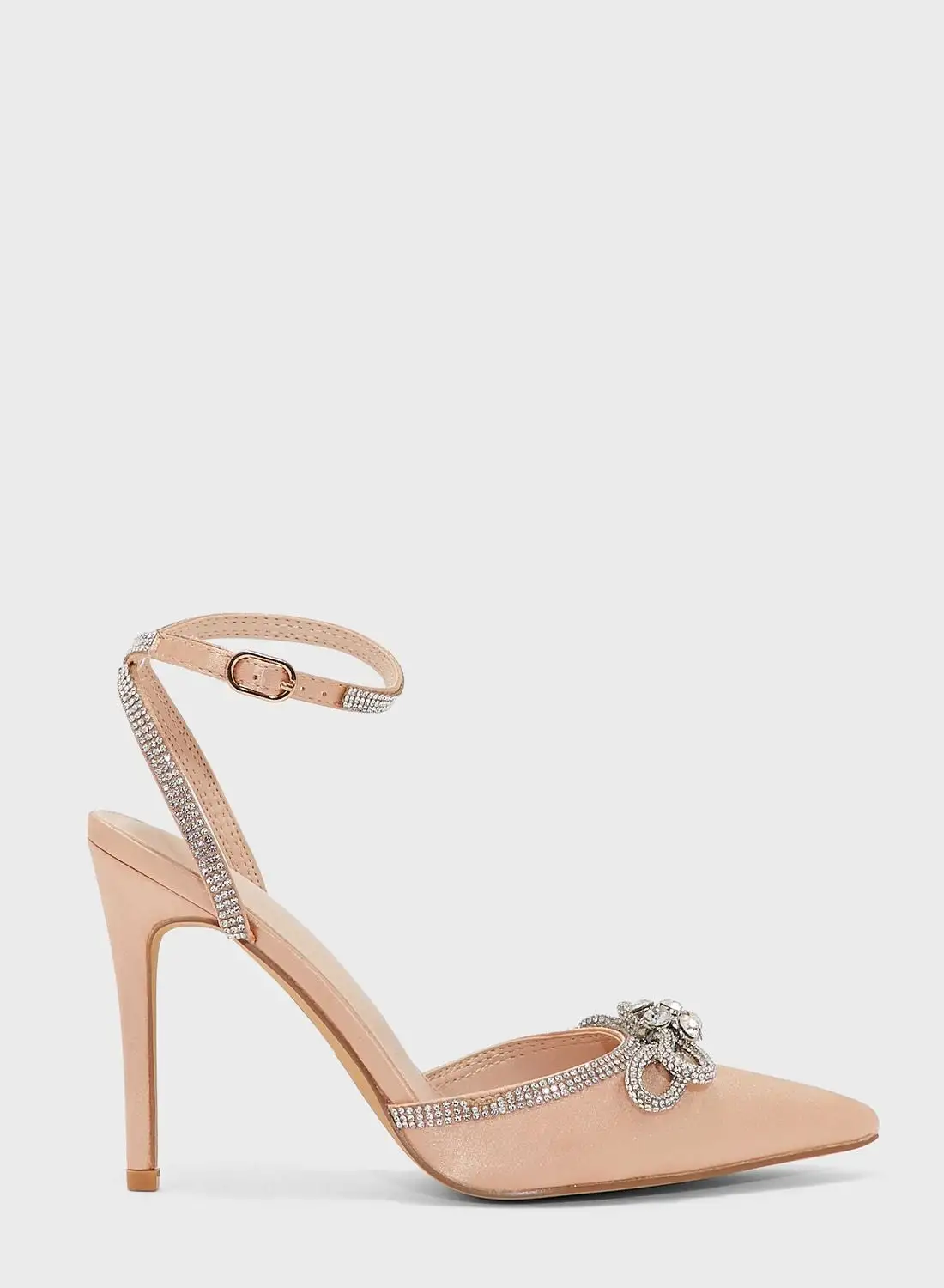 Truffle Satin Diamante Bow And Trim Pointed Pump