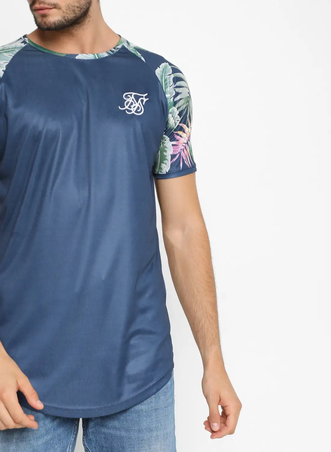 SikSilk Crew Neck Raglan Curved Hem T-Shirt Navy