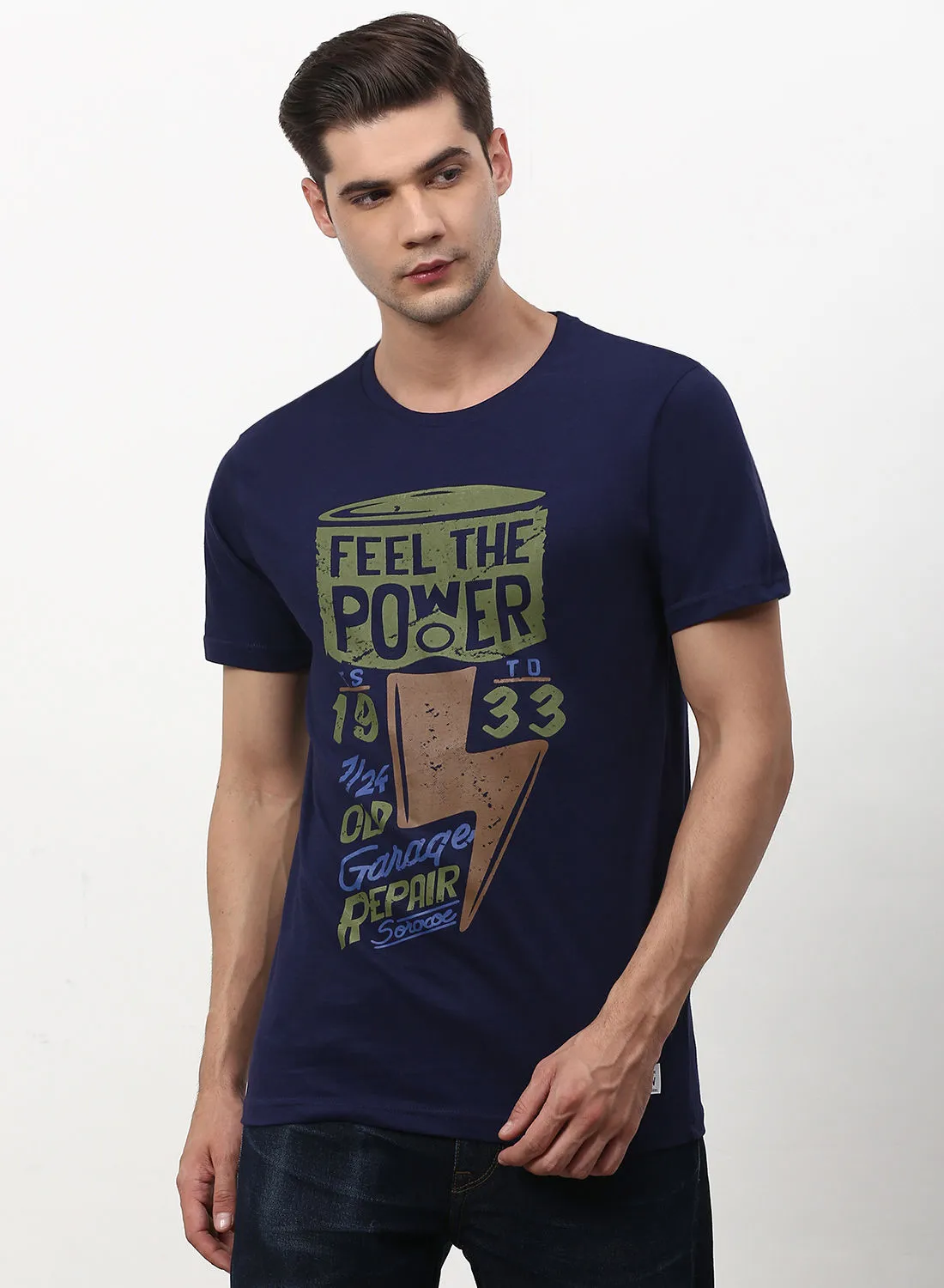 ABOF Graphic Printed Crew Neck Regular Fit T-Shirt Denim