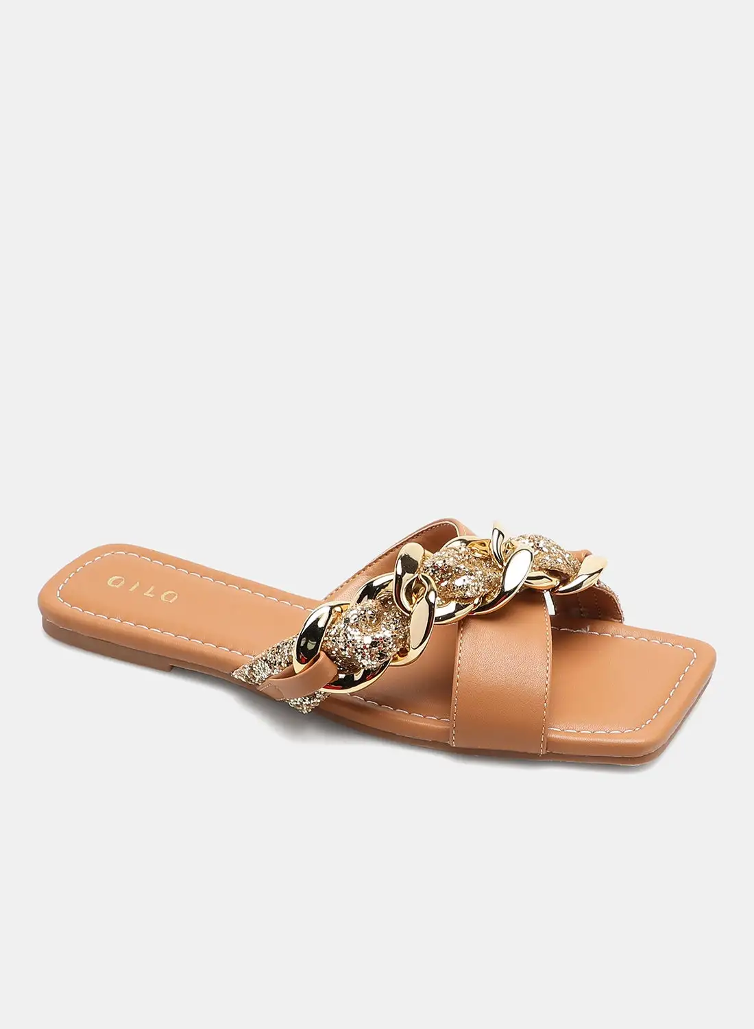 Aila Criss-Cross Chain Detail Strap Flat Sandals Brown/Gold