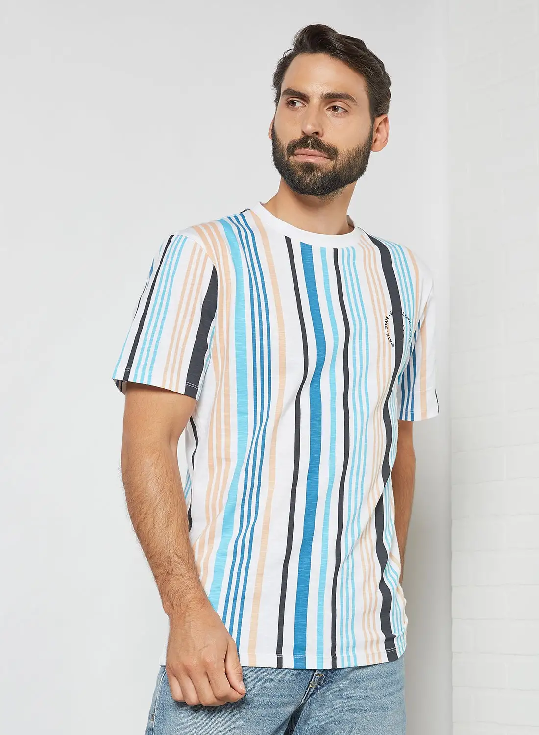 STATE 8 All-Over Stripe T-Shirt بيج / أزرق مخطط