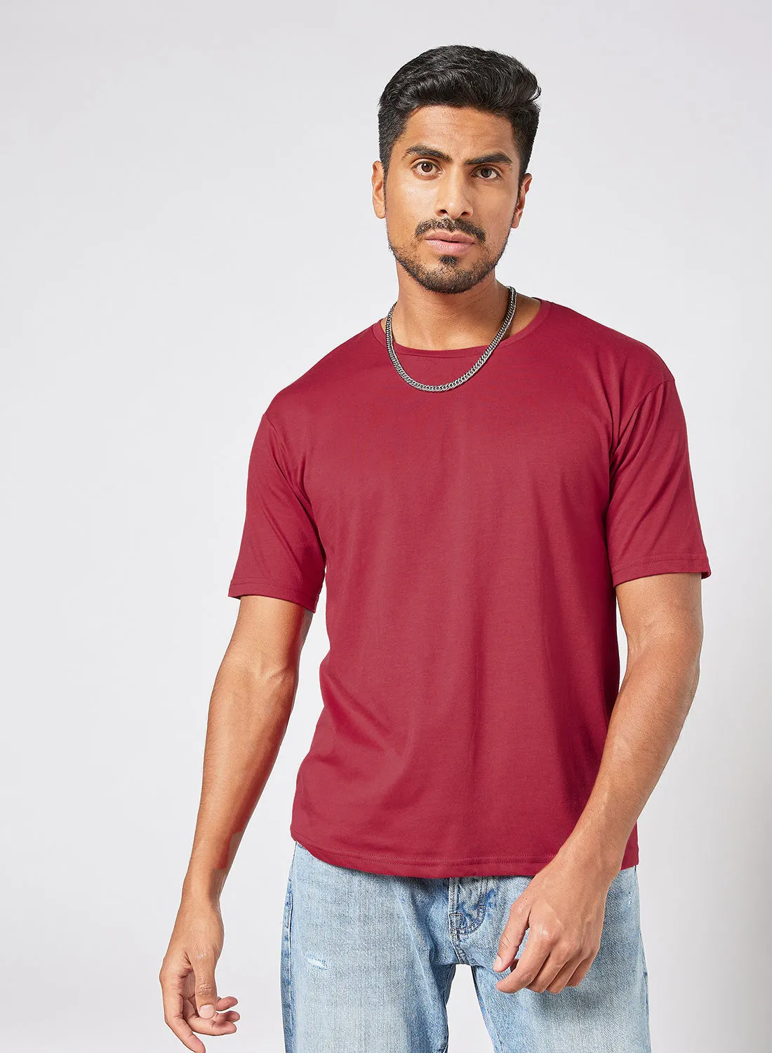 QUWA Casual Contrast Woven Back Hem Striped Panel T-Shirt Short Sleeves Red