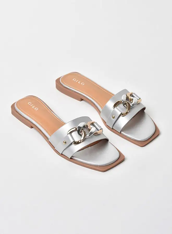 Aila Chain Detail Strap Flat Sandals Silver