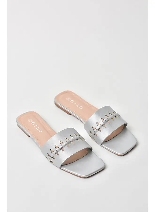 Aila Cut-Out Detail Broad Strap Flat Sandals Silver