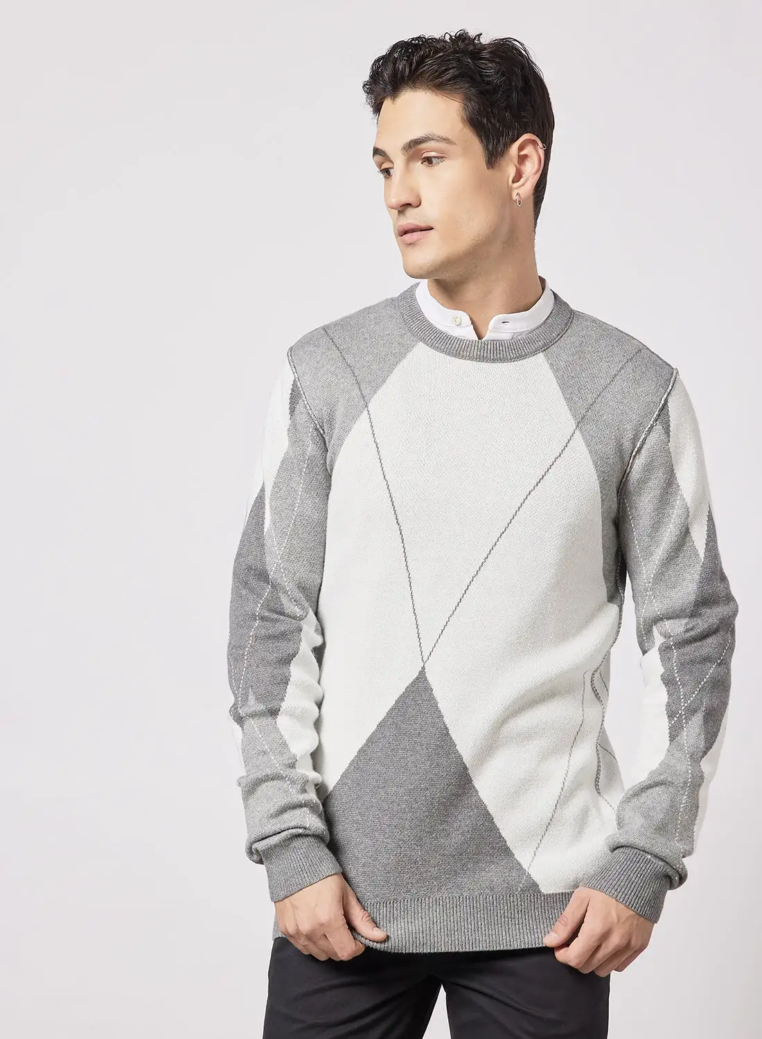 Ted Baker Avebury Diamond Crew Neck Sweater Grey/White