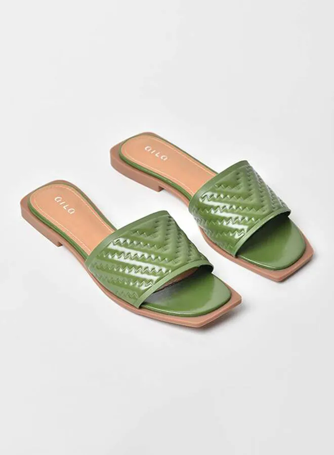 Aila Quilted Weave Pattern Broad Strap Flat Sandals Green