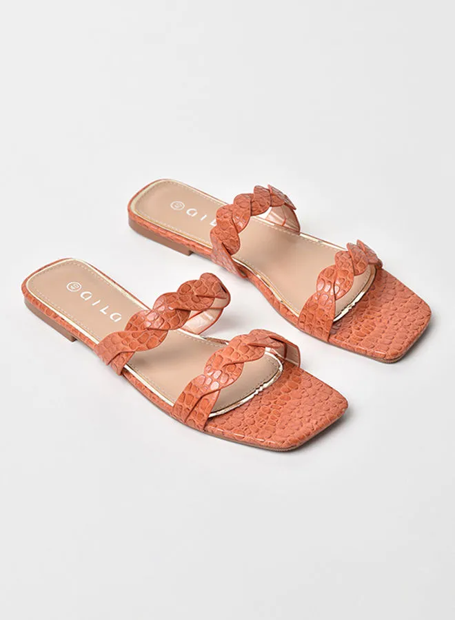 Aila Animal Pattern Braided Strap Flat Sandals Orange