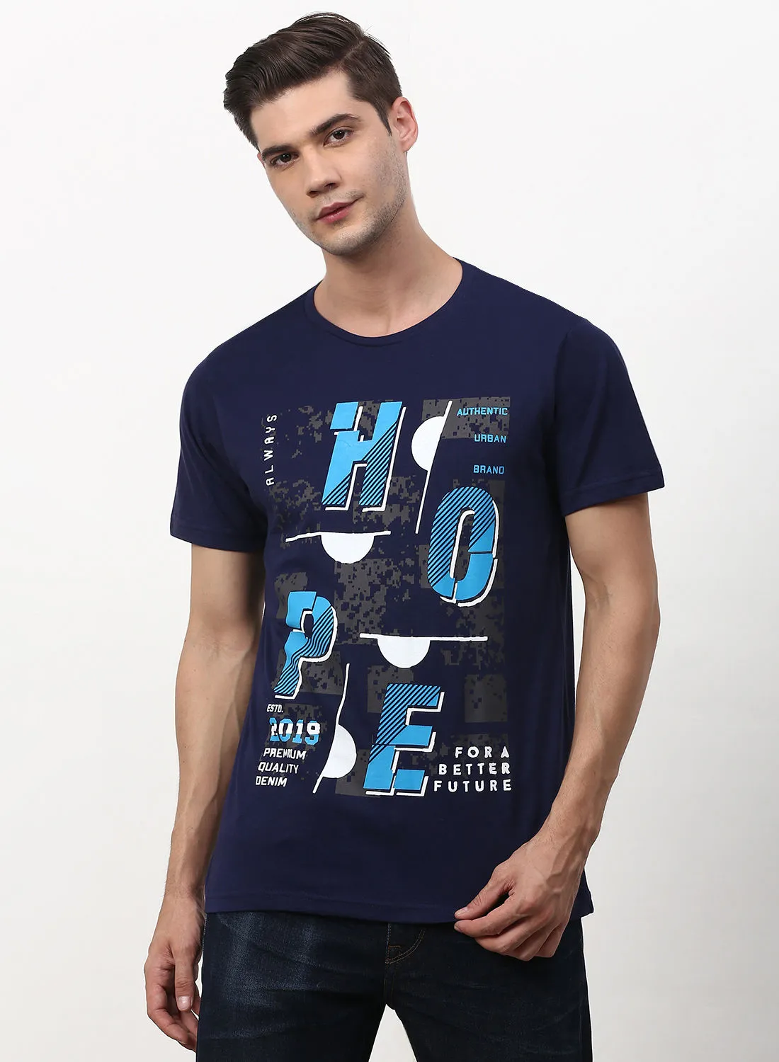 ABOF Graphic Printed Crew Neck Regular Fit T-Shirt Oxford Blue