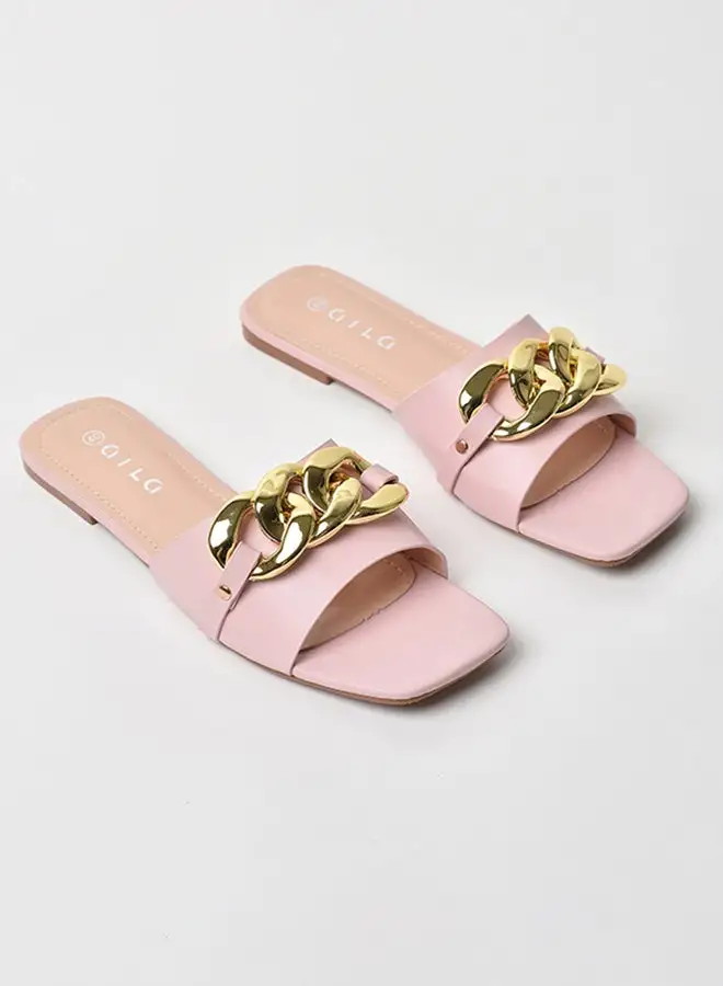 Aila Chain Detail Broad Strap Flat Sandals Pink