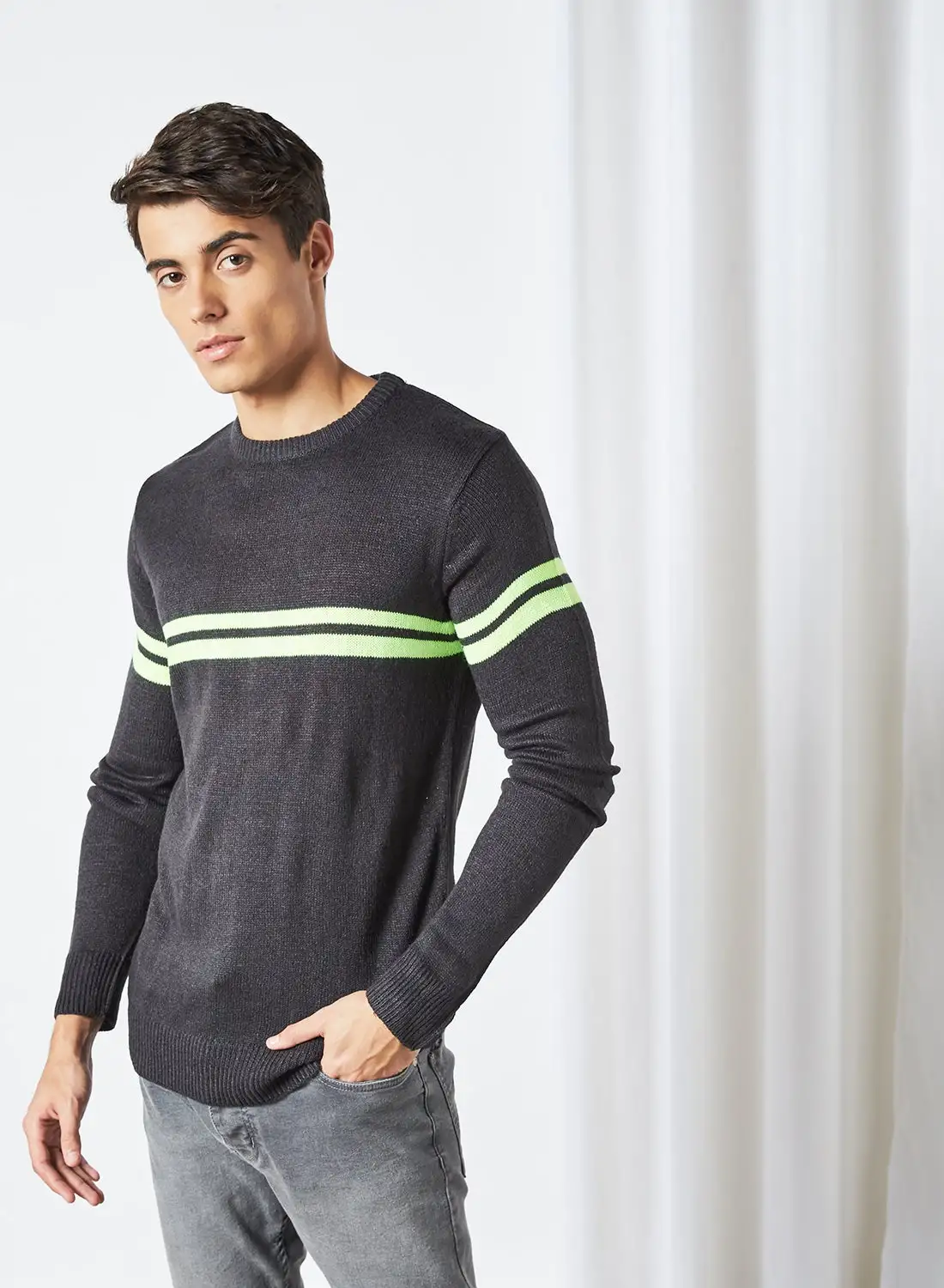 BRAVE SOUL Contrast Stripe Sweater Slate Grey/Neon Yellow