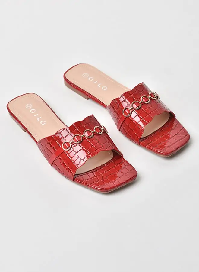 Aila Animal Pattern Broad Strap Flat Sandals Red