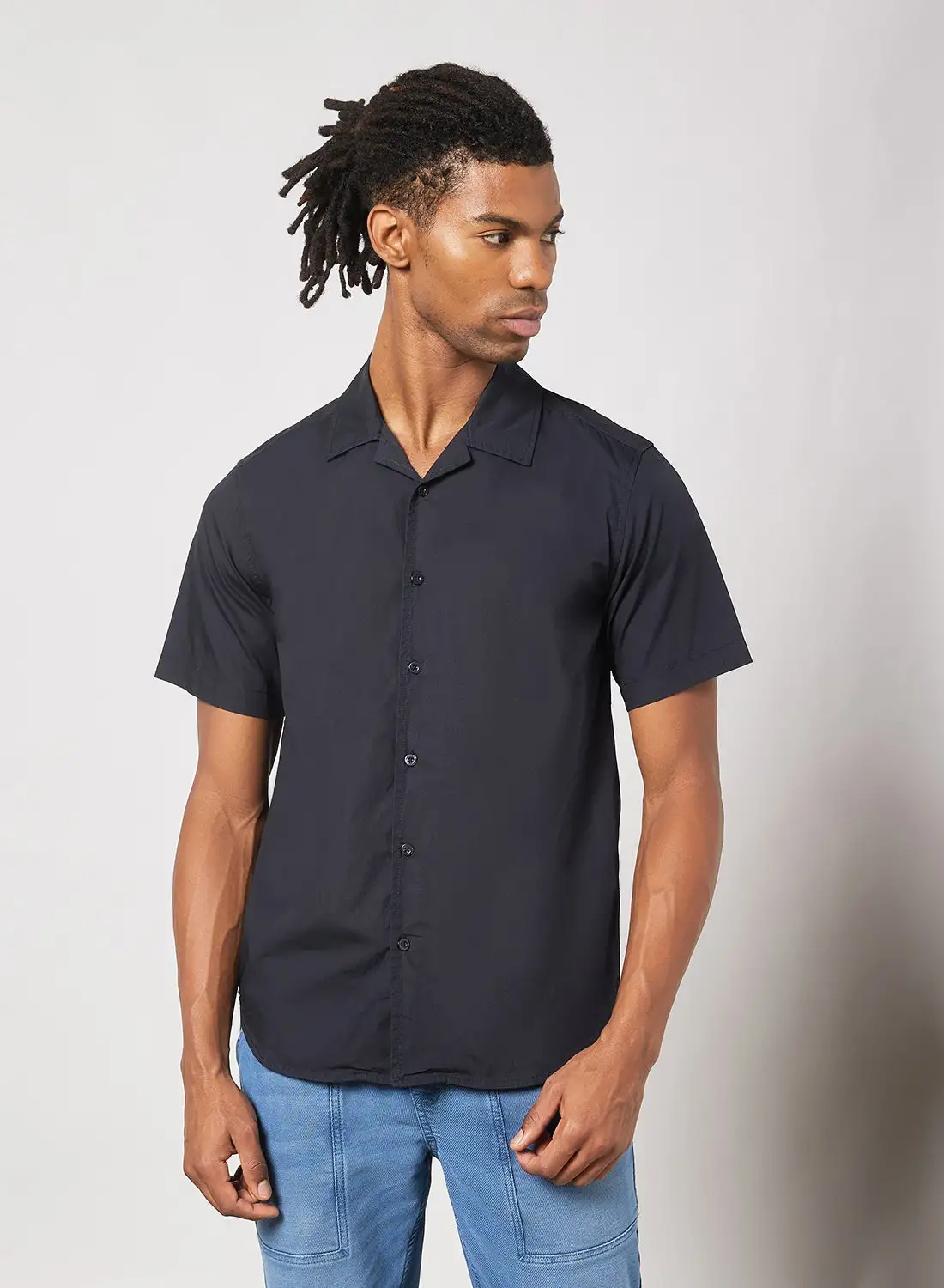 QUWA Printed Stripes On Front Collared Neck Shirt Midnight Blue