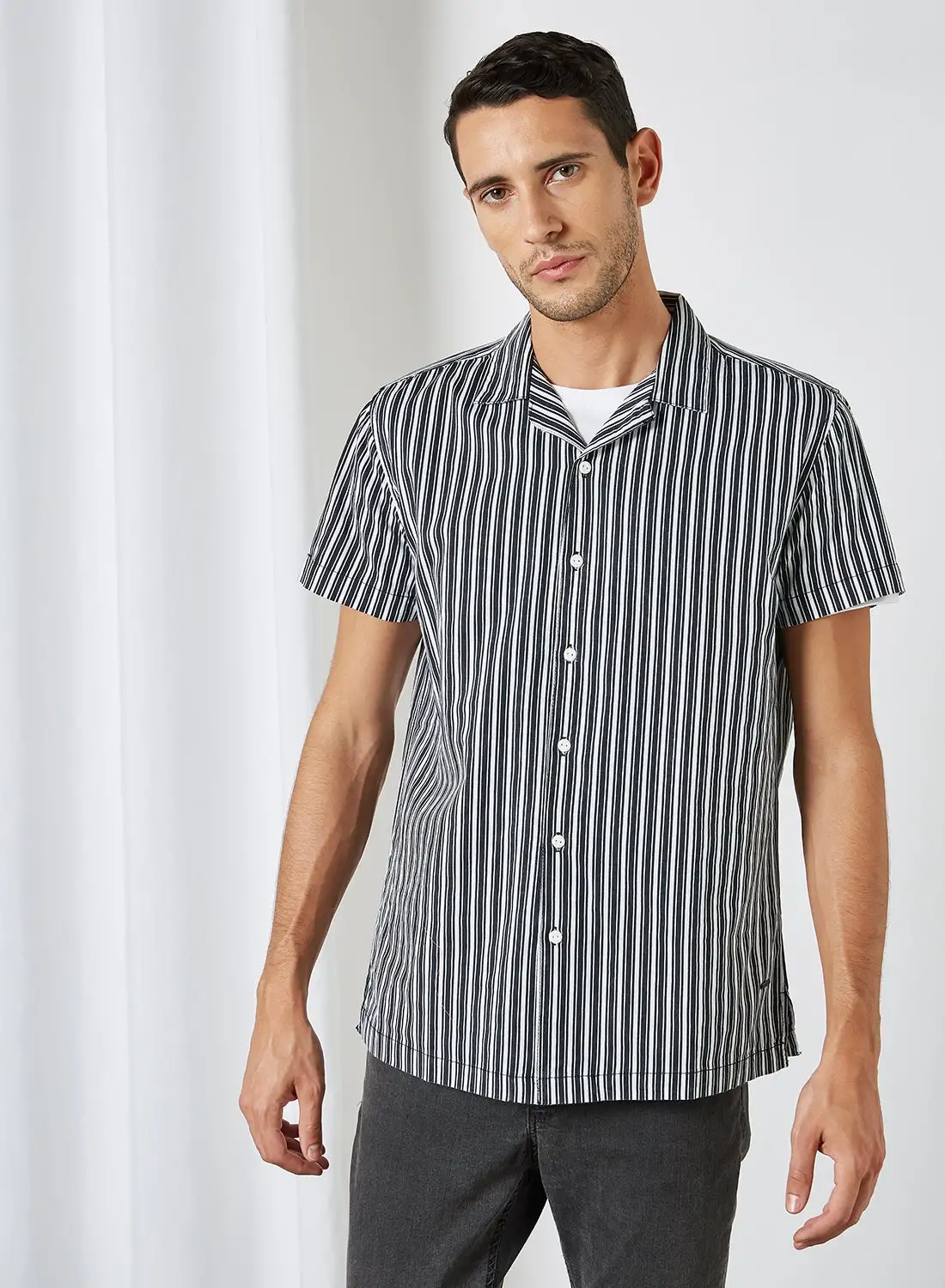 ABOF Striped Pattern Short Sleeve Shirt White/Black