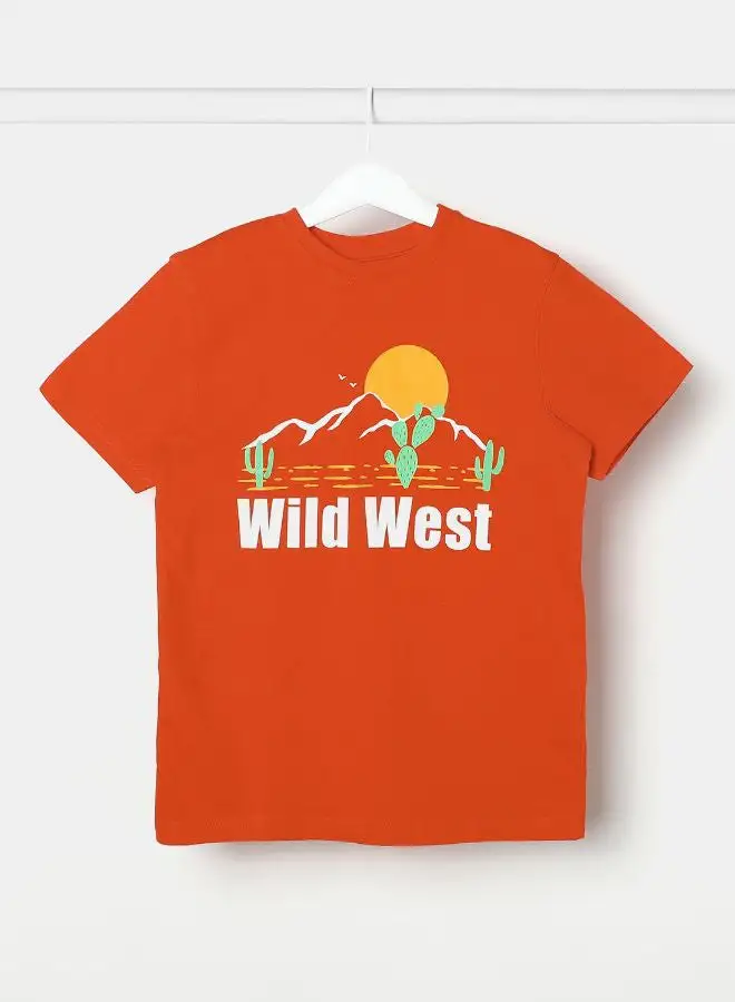 NEON Wild West Printed Casual Crew Neck T-Shirt Cherry Tomato