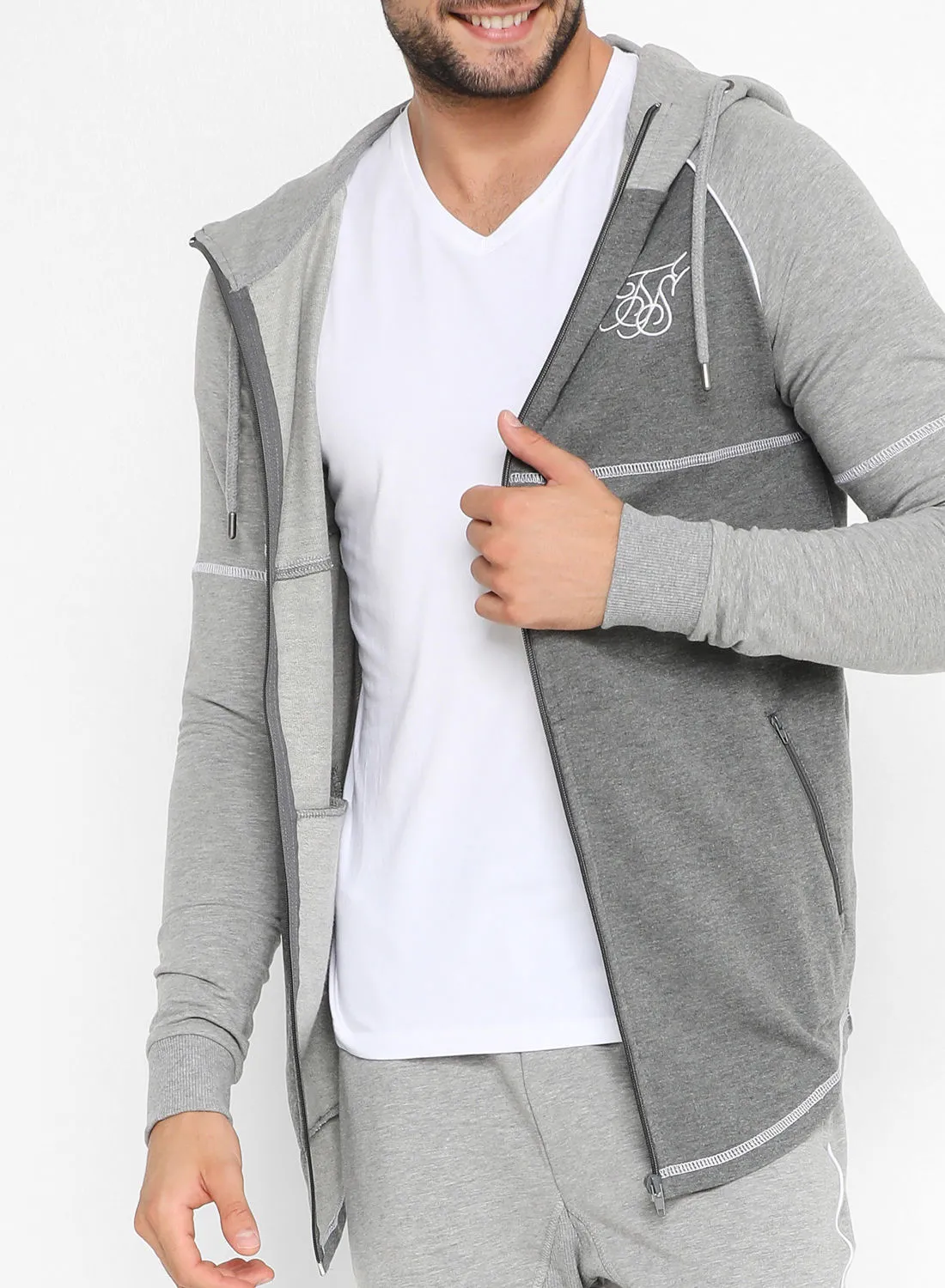 SikSilk Long Sleeves Hooded Sweat Jacket Grey / Dark Marl