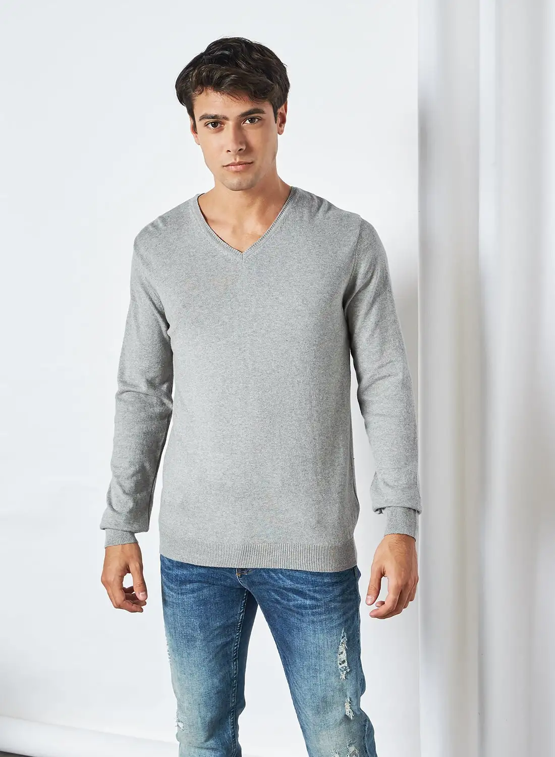 KOTON V-Neck Long Sleeve Sweater Grey