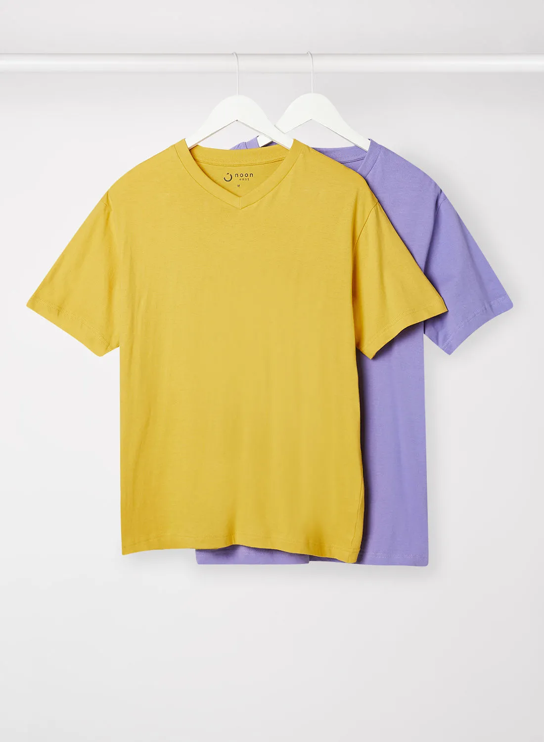 Noon East Pack Of 2 Men's Basic V-Neck Cotton Biowashed Fabric Comfort Fit Stylish Design T-Shirt Lime Yellow/Lilac