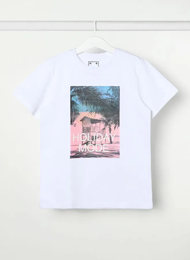 NEON Holiday Mode Printed Casual Crew Neck T-Shirt Bright White