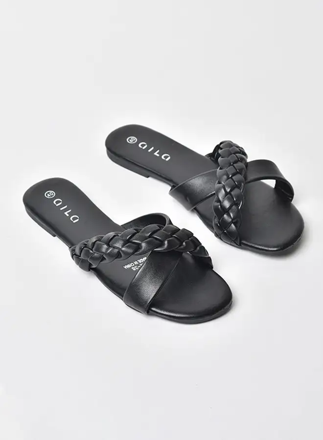 Aila Slip-On Detail Flat Sandals Black