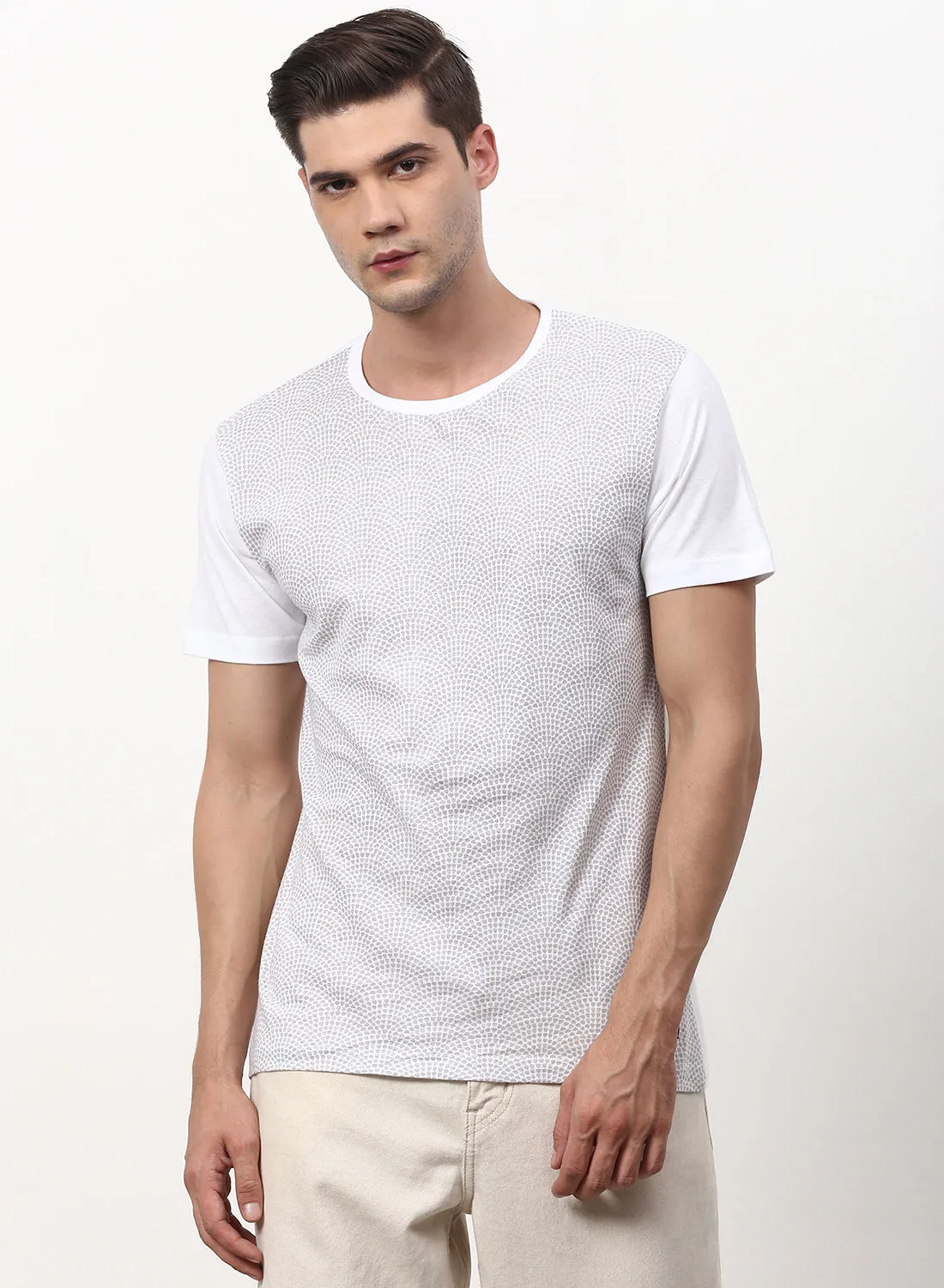 ABOF Contrast Printed Regular Fit Crew Neck T-Shirt Very Light Grey