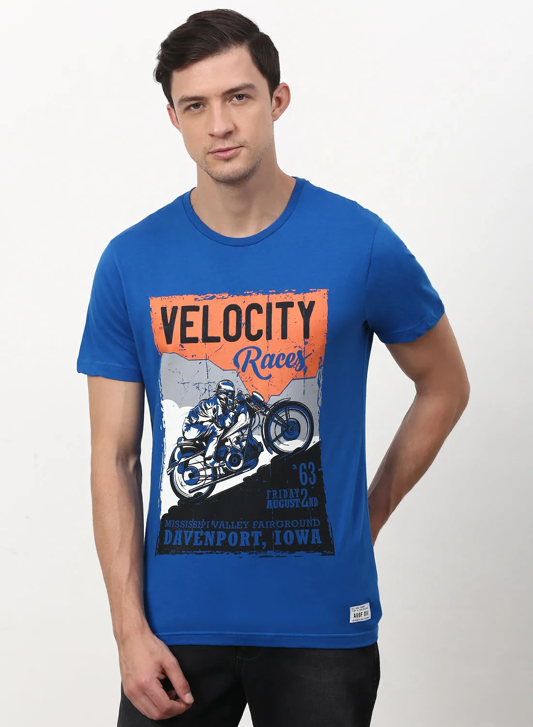 ABOF Graphic Printed Crew Neck Regular Fit T-Shirt Sapphire Blue