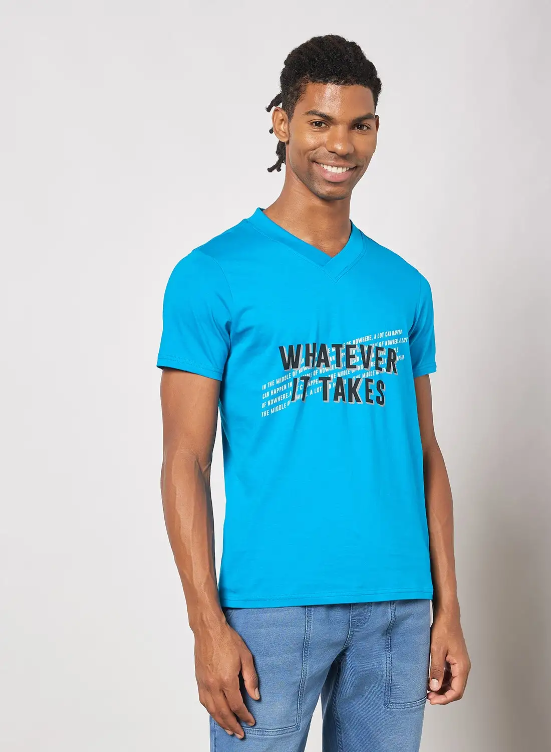 QUWA Chest Printed V-Neck T-Shirt Blue