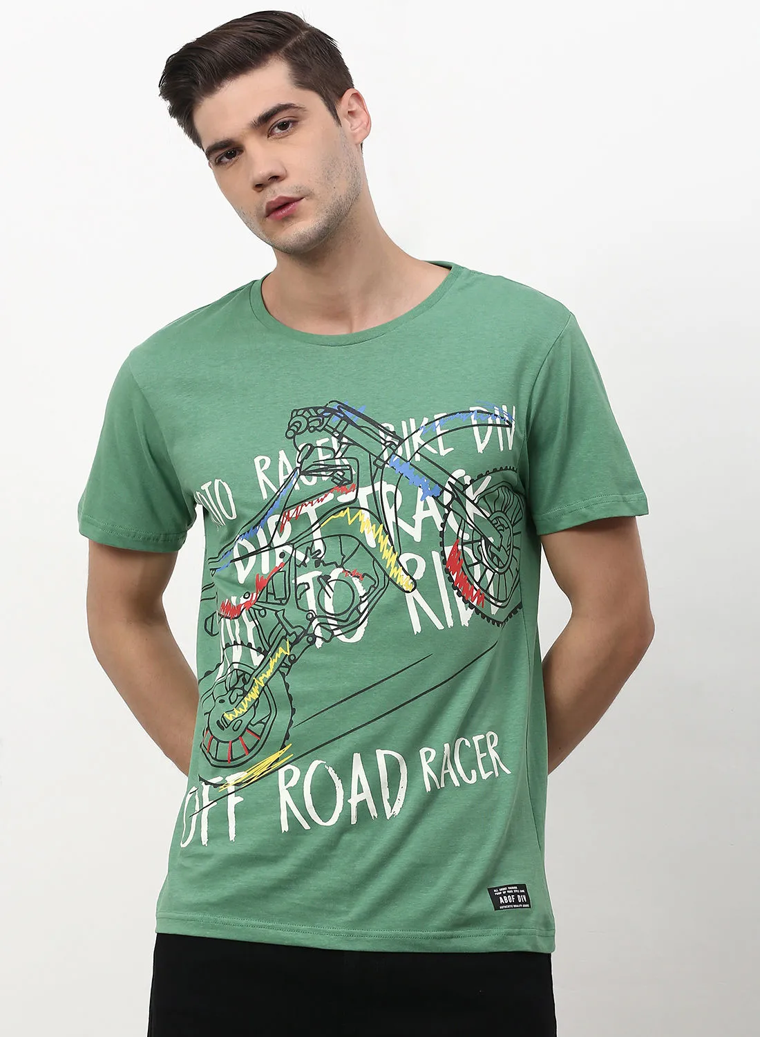 ABOF Graphic Printed Crew Neck Regular Fit T-Shirt Farn Green