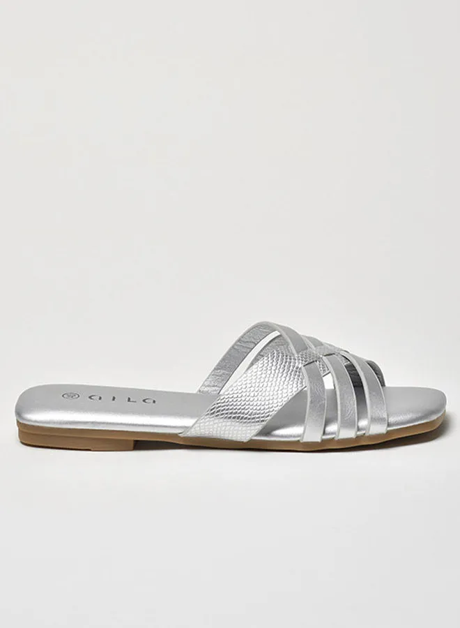 Aila Animal Pattern Multi Strap Flat Sandals Silver