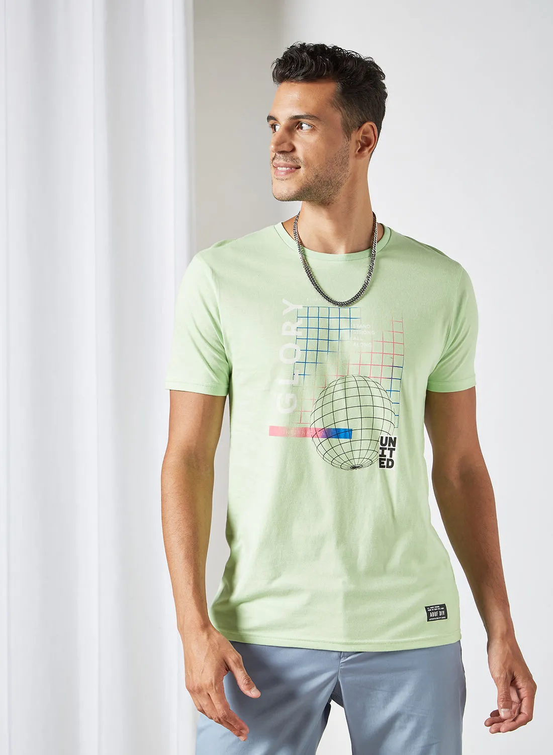 ABOF Graphic Printed Regular Fit Crew Neck T-Shirt Pistachio Green