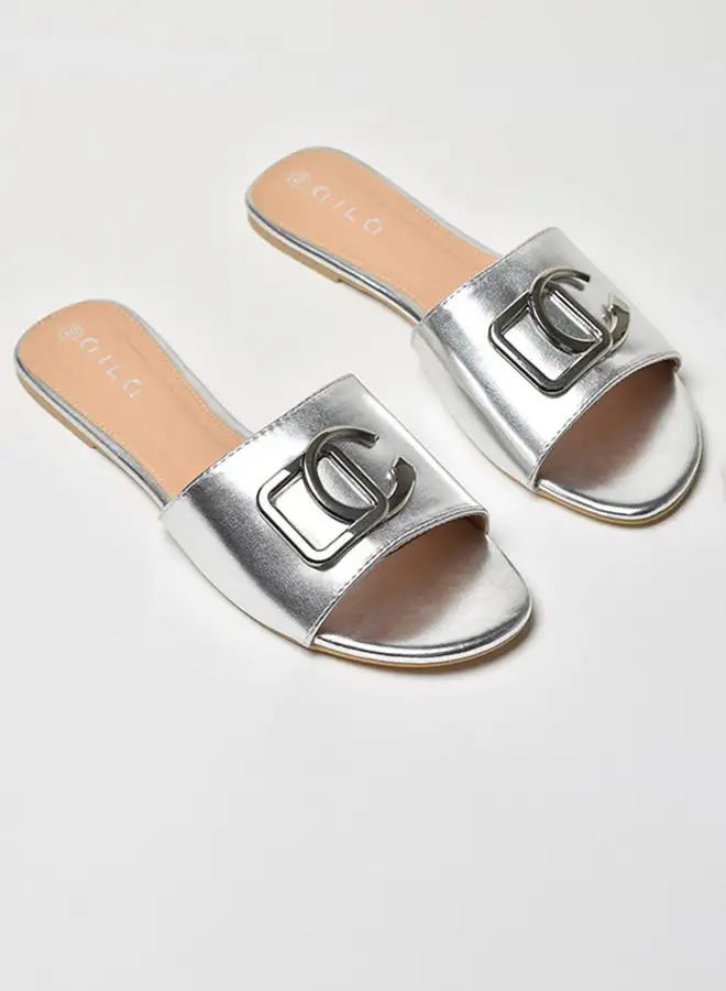 Aila Shiny Broad Strap Flat Sandals Silver