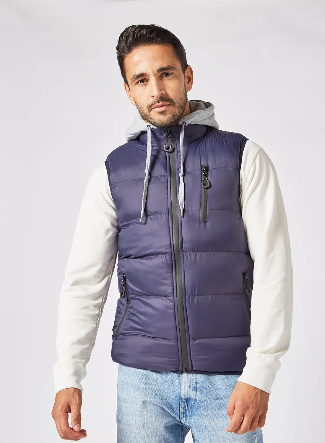 Athletiq Men's Casual Contrast Hooded And Side Pockets Detail Puffer Vest Jacket Navy