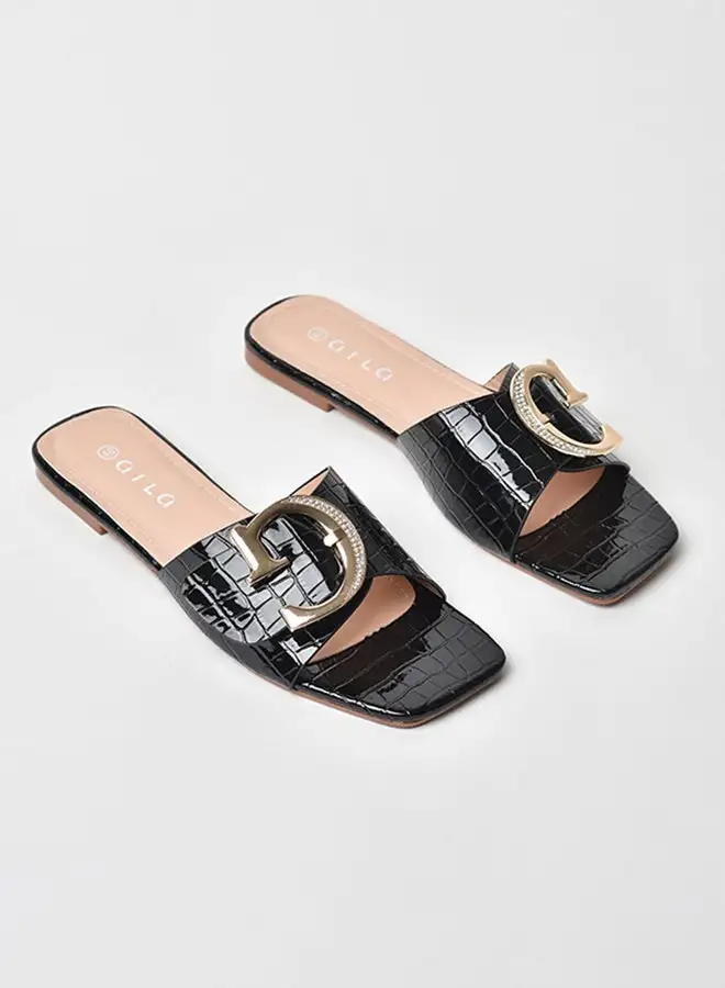 Aila Animal Pattern Broad Strap Flat Sandals Black