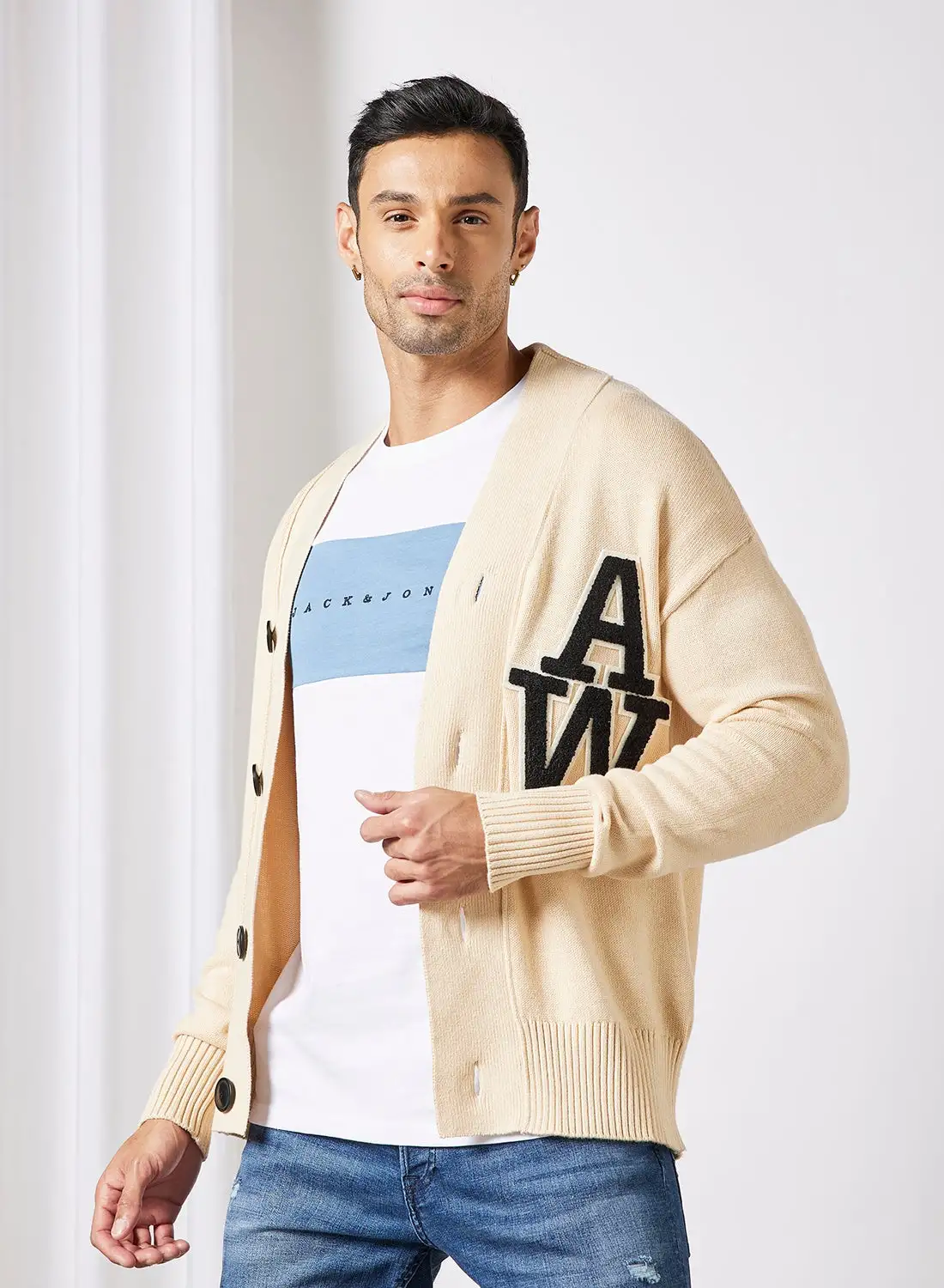 JACK & JONES Logo Knitted Cardigan Ivory Cream