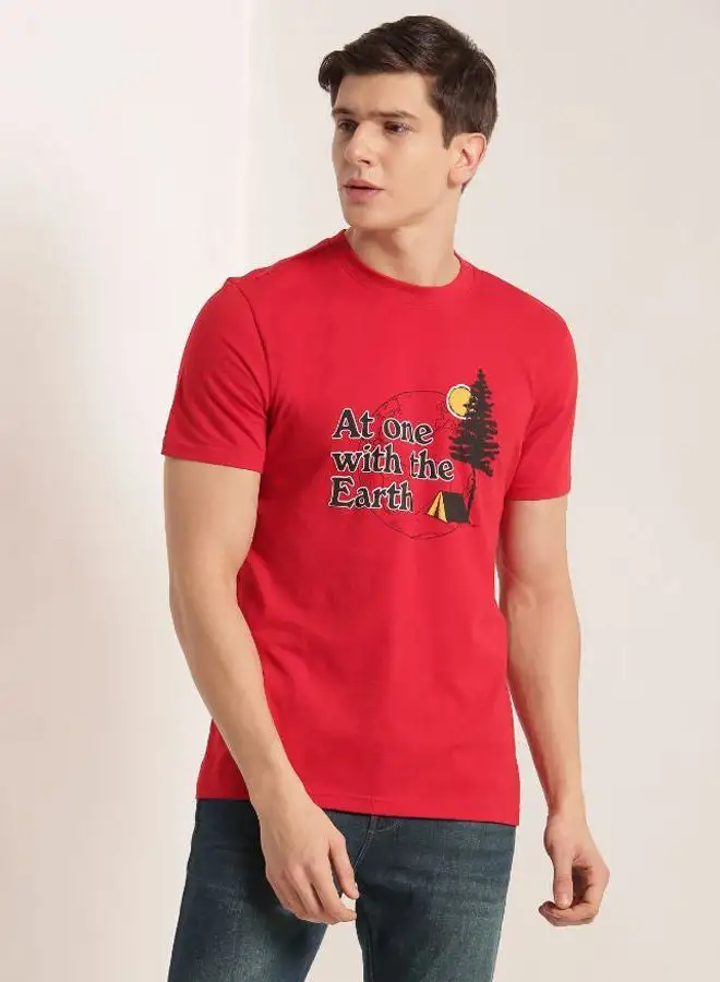 QUWA Slogan Print Short Sleeve T-Shirt Scarlet Red