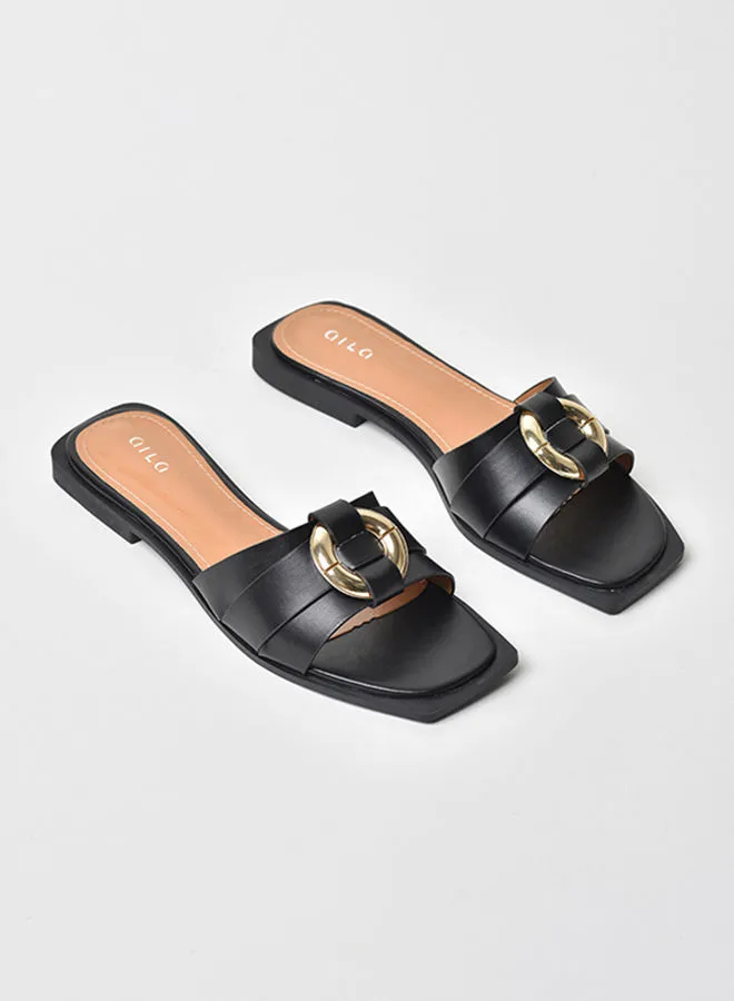 Aila Broad Strap Slip-On Flat Sandals Black