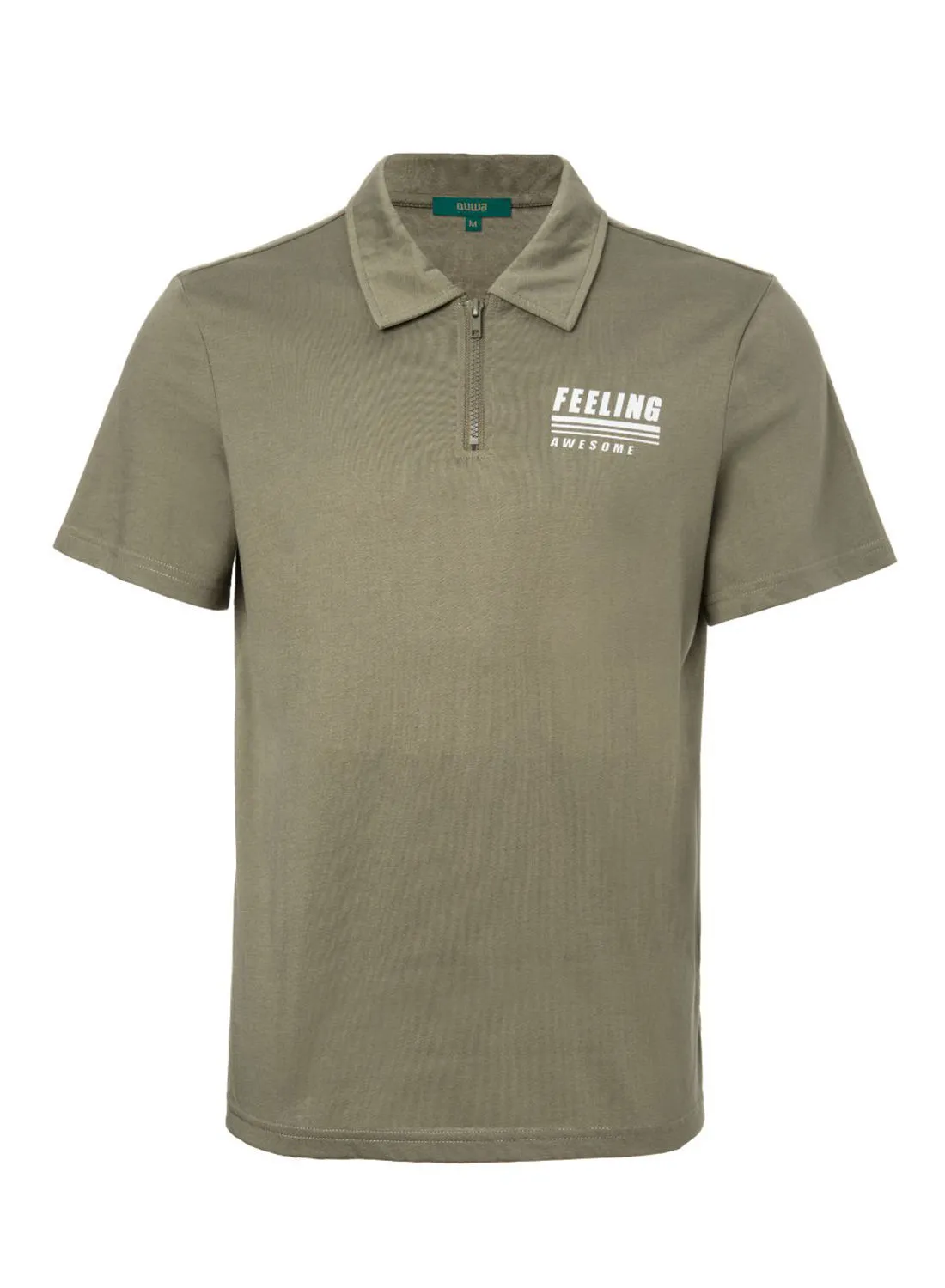 QUWA Expose Zip Collared Neck Plain Polo Green