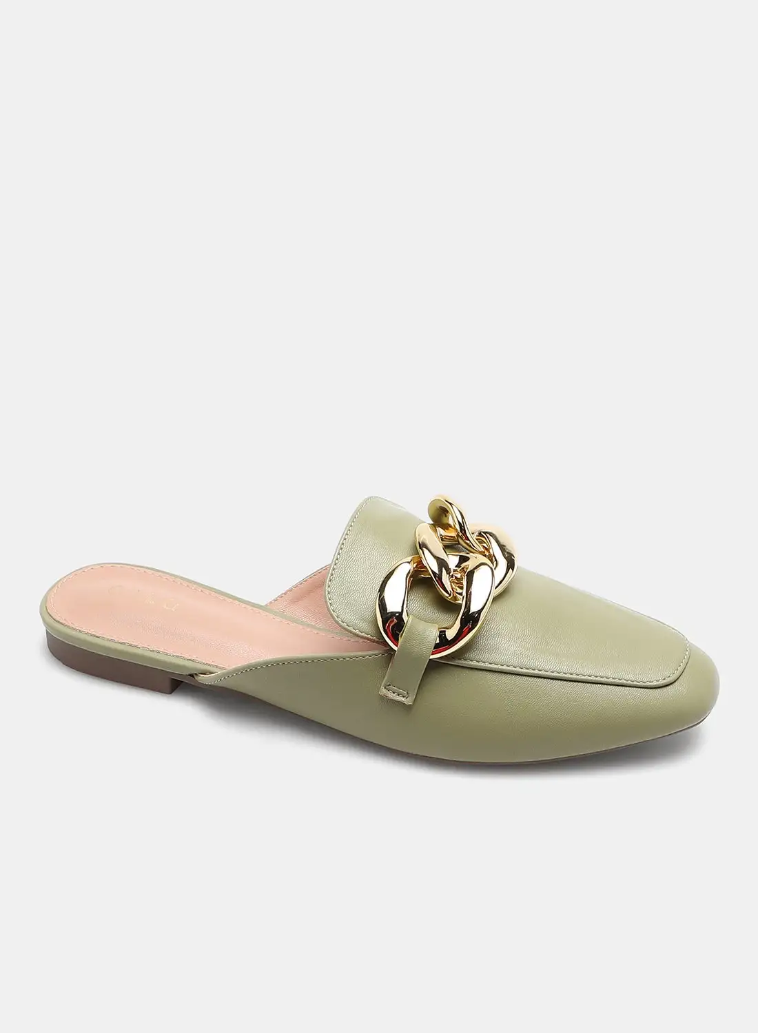 Aila Buckle Detail Square Toe Mules Olive/Gold