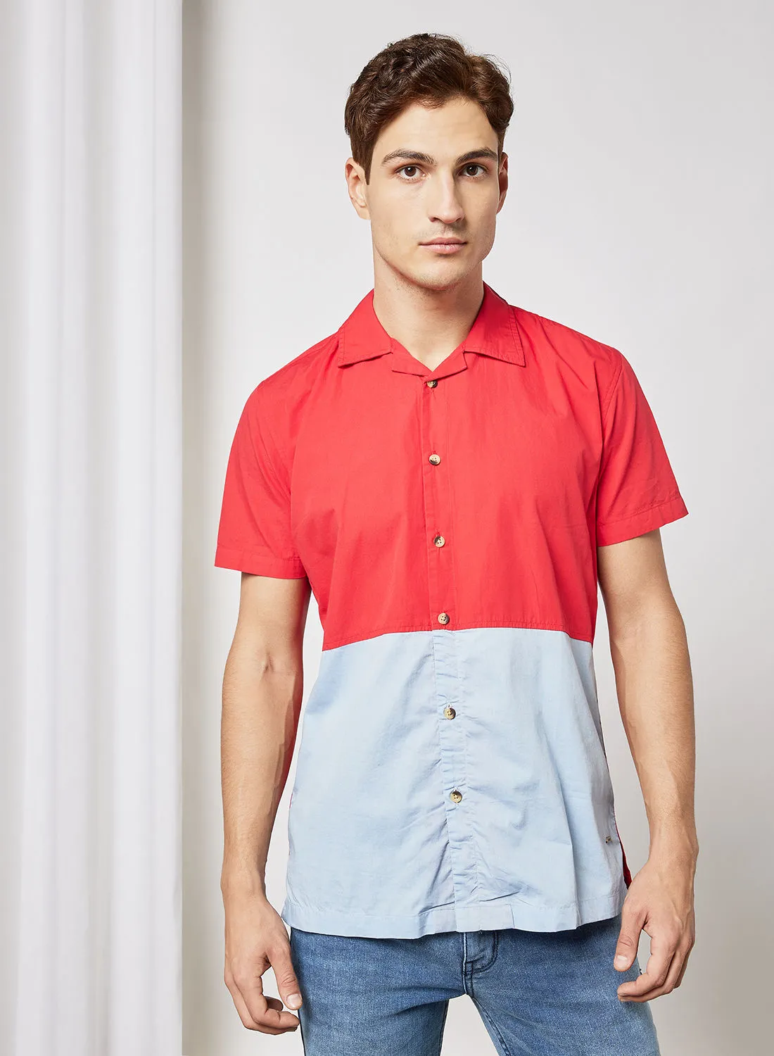 ABOF Regular Fit Short Sleeve Shirt Red,Light Blue