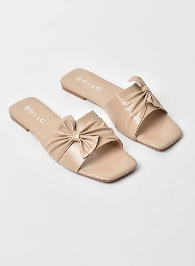 Aila Gathered Bow Detail Strap Flat Sandals Beige