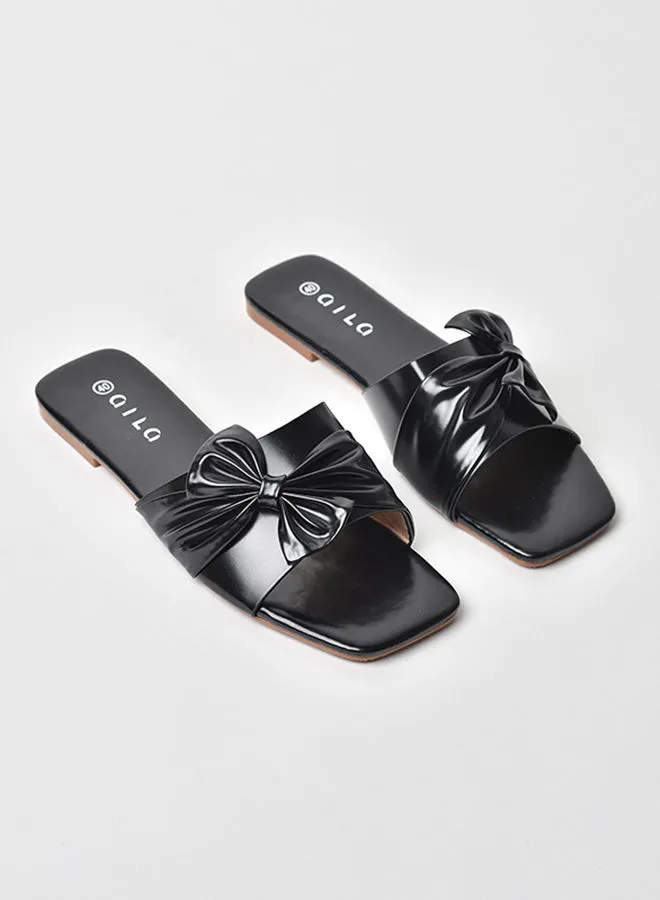 Aila Gathered Bow Detail Strap Flat Sandals Black