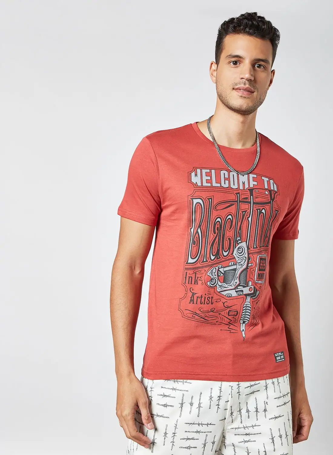 ABOF Graphic Printed Crew Neck Regular Fit T-Shirt Coral Red