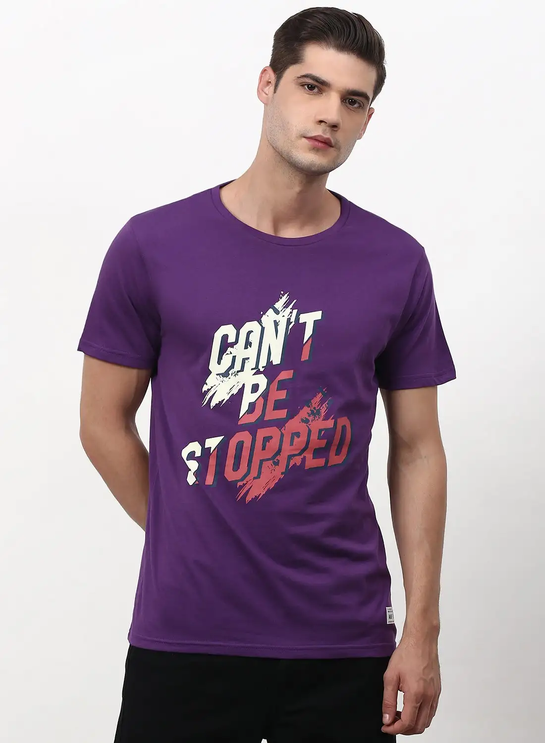 ABOF Slogan Printed Crew Neck Regular Fit T-Shirt Purple