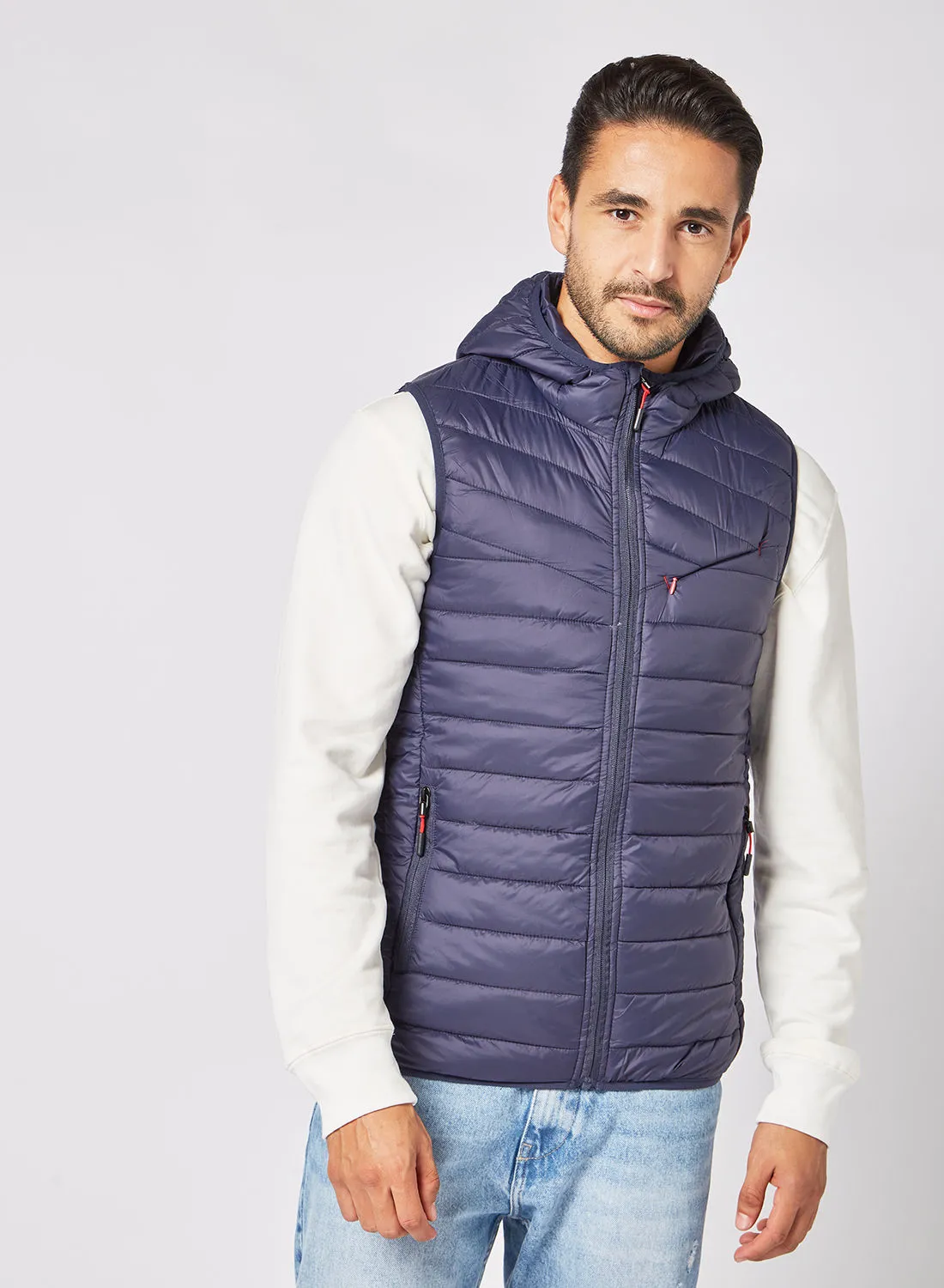 Athletiq Men's Casual Contrast Hooded And Side Pockets Detail Puffer Vest Jacket Dark Navy Blue