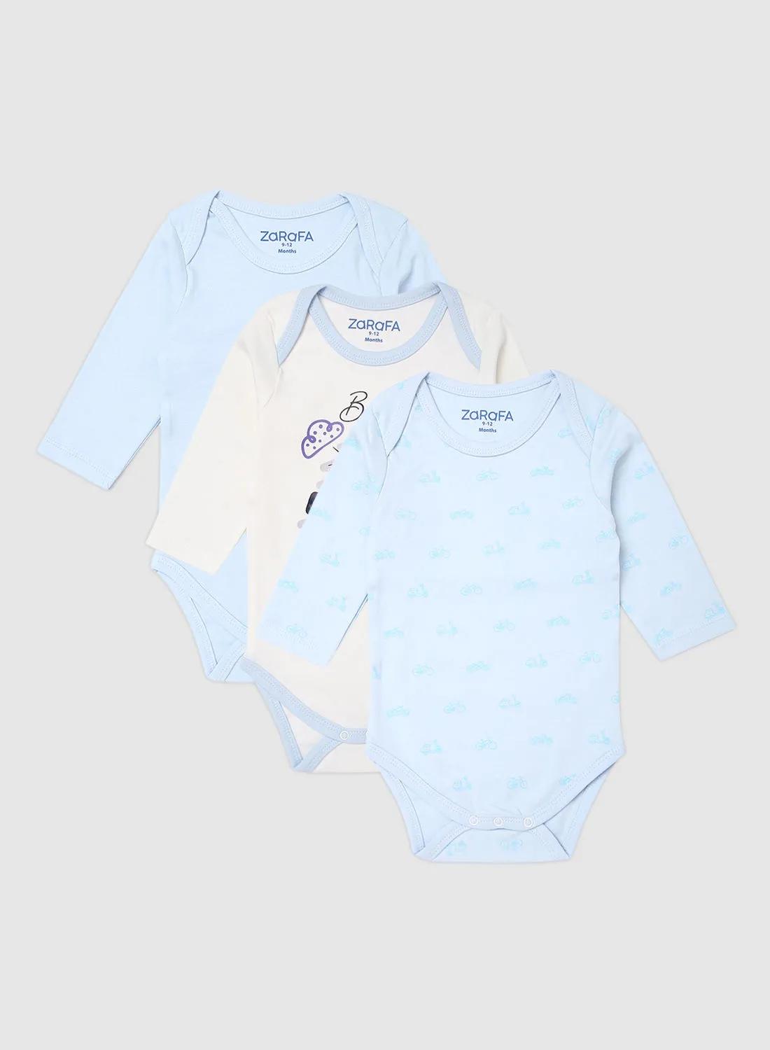 Zarafa 3 Pack Of Round Neck Long Sleeve Bodysuit Sky Blue/Off White